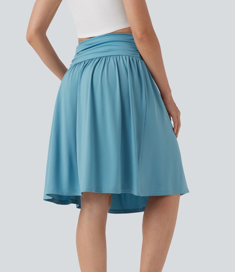 High Waisted Ruched Flowy A-line Skirt with Pockets