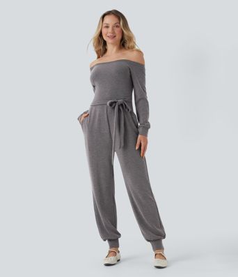 Off-Shoulder Long Sleeve Tie Casual Jumpsuit with Pockets