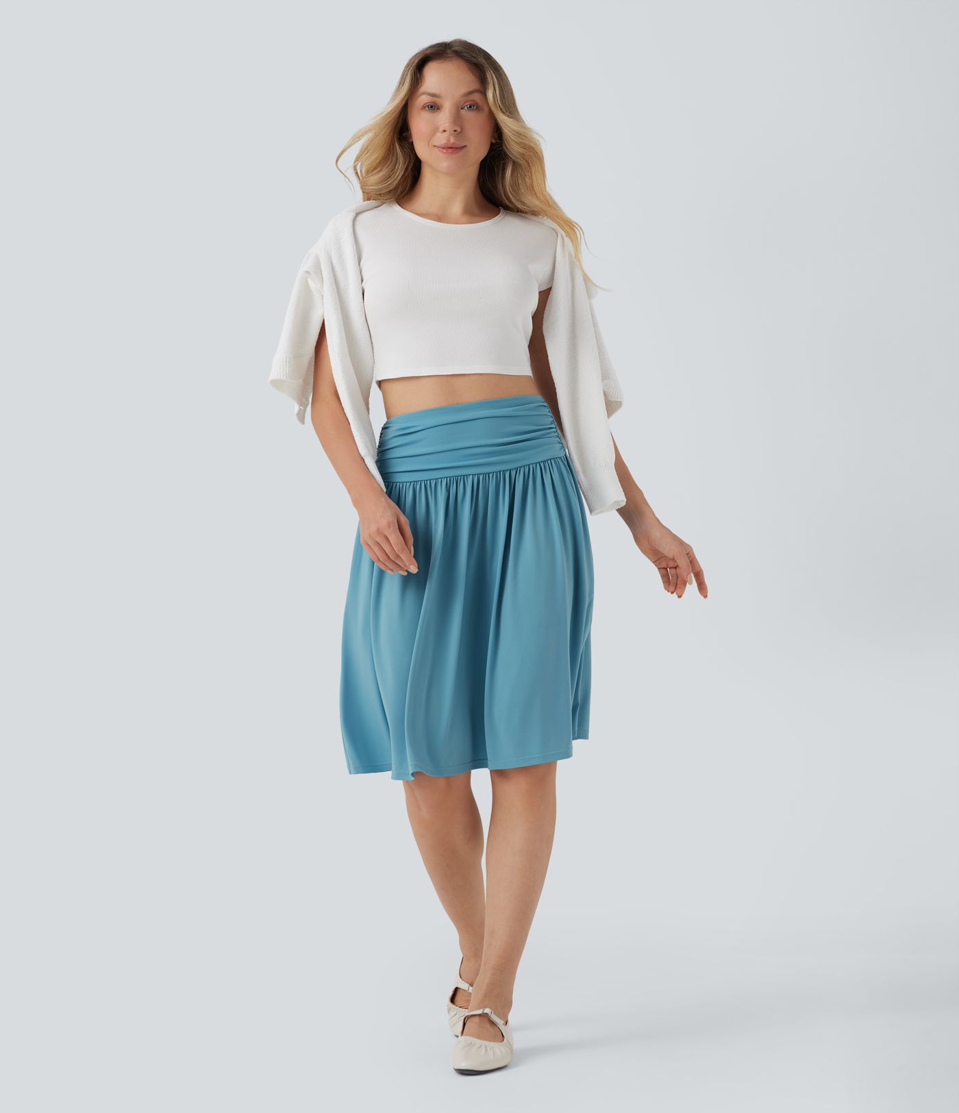 High Waisted Ruched Flowy A-line Skirt with Pockets