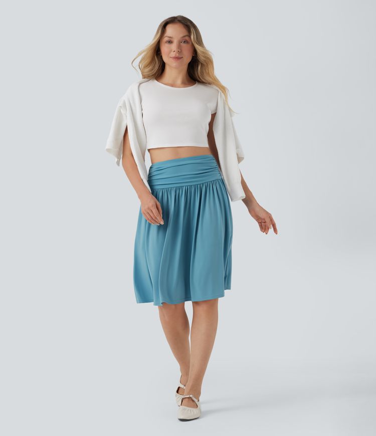High Waisted Ruched Flowy A-line Skirt with Pockets