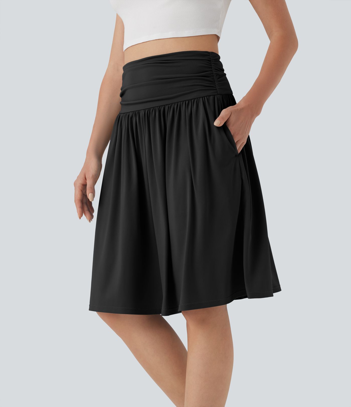 High Waisted Ruched Flowy A-line Skirt with Pockets