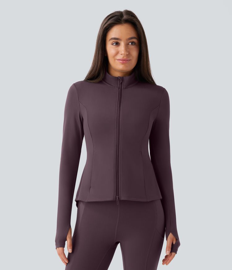 SoftlyZero™ Stand Collar Thumb Hole Pockets Pleated Zipper Slim Jacket-UPF50+