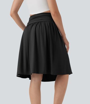 High Waisted Ruched Flowy A-line Skirt with Pockets