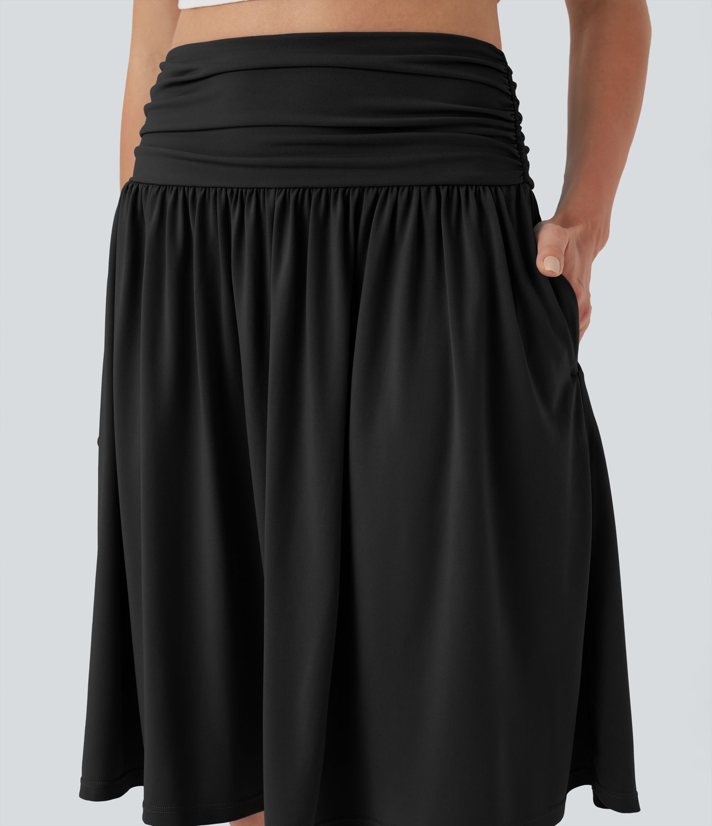High Waisted Ruched Flowy A-line Skirt with Pockets