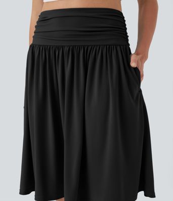 High Waisted Ruched Flowy A-line Skirt with Pockets