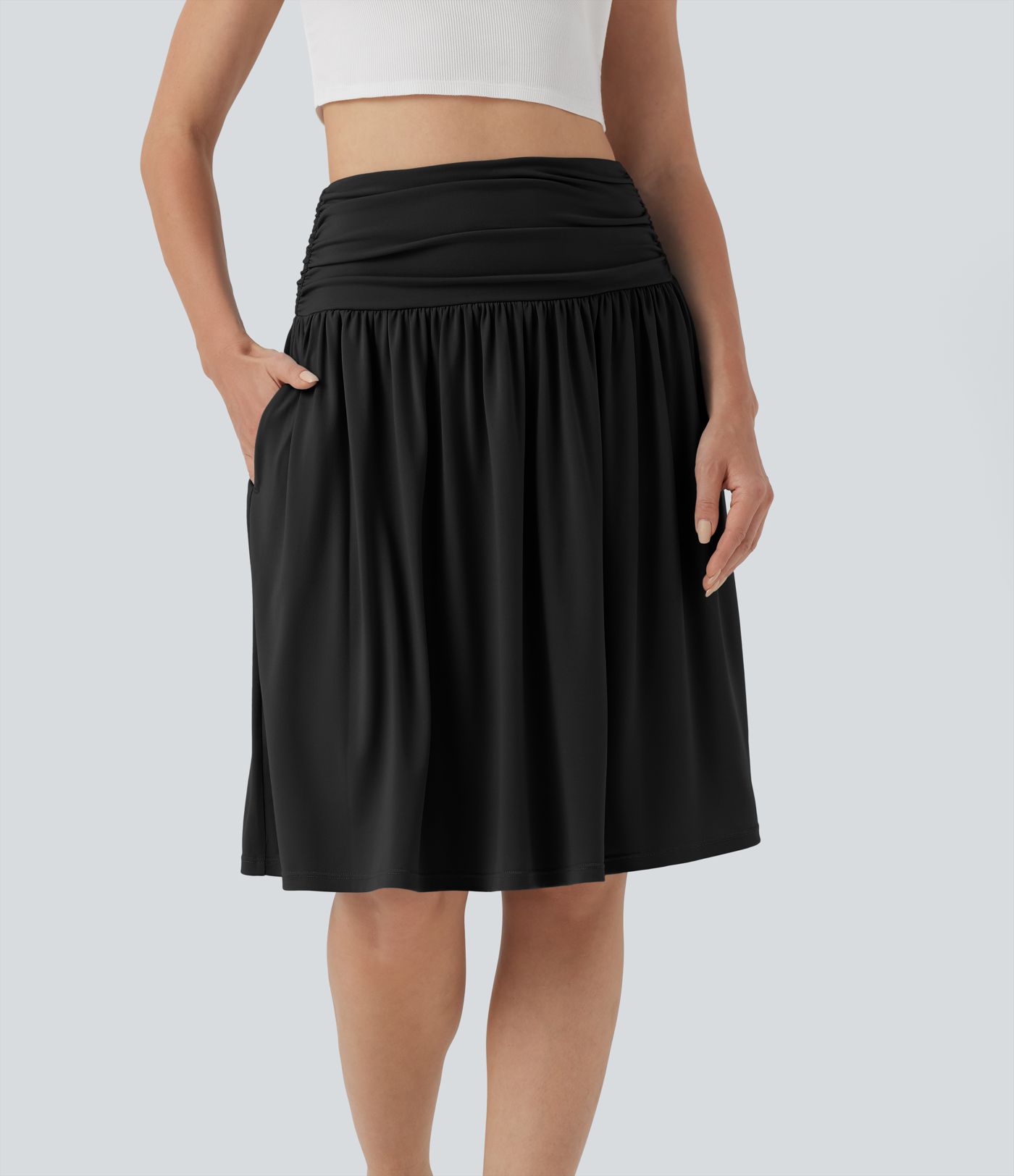 High Waisted Ruched Flowy A-line Skirt with Pockets