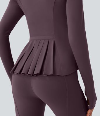 SoftlyZero™ Stand Collar Thumb Hole Pockets Pleated Zipper Slim Jacket-UPF50+