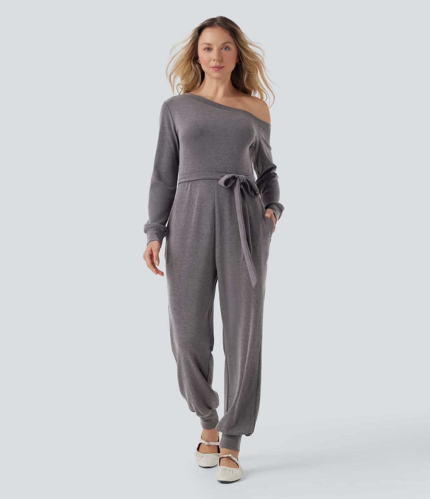 Off-Shoulder Long Sleeve Tie Casual Jumpsuit with Pockets