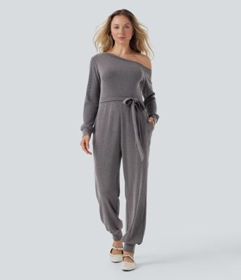 Off-Shoulder Long Sleeve Tie Casual Jumpsuit with Pockets