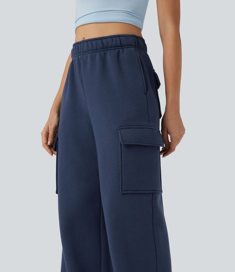 Pantalones casuales cargo polar de tiro medio y pierna ancha con bolsillos