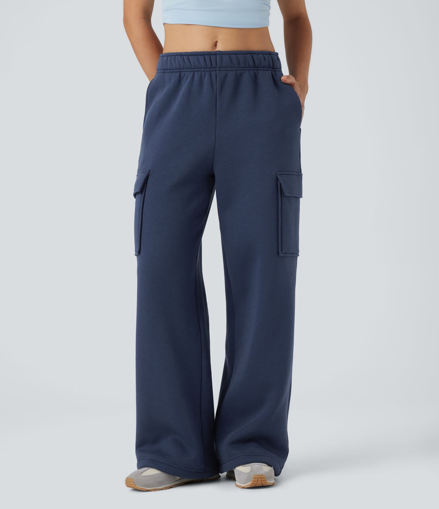 Mid Rise Fleece Cargo Wide Leg Casual Pants with Pockets