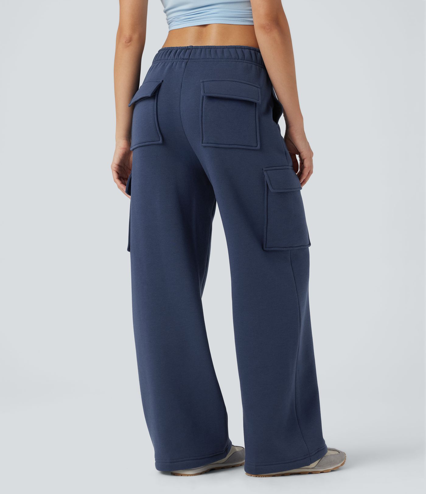 Mid Rise Fleece Cargo Wide Leg Casual Pants with Pockets