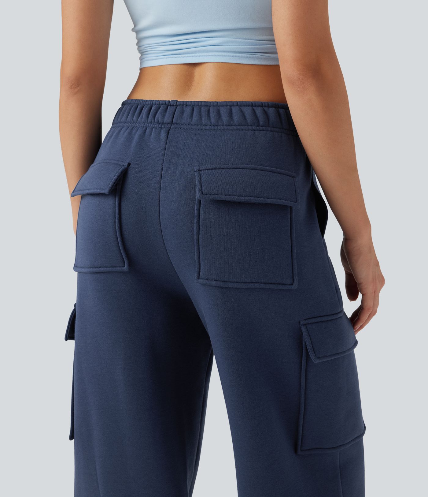 Mid Rise Fleece Cargo Wide Leg Casual Pants with Pockets