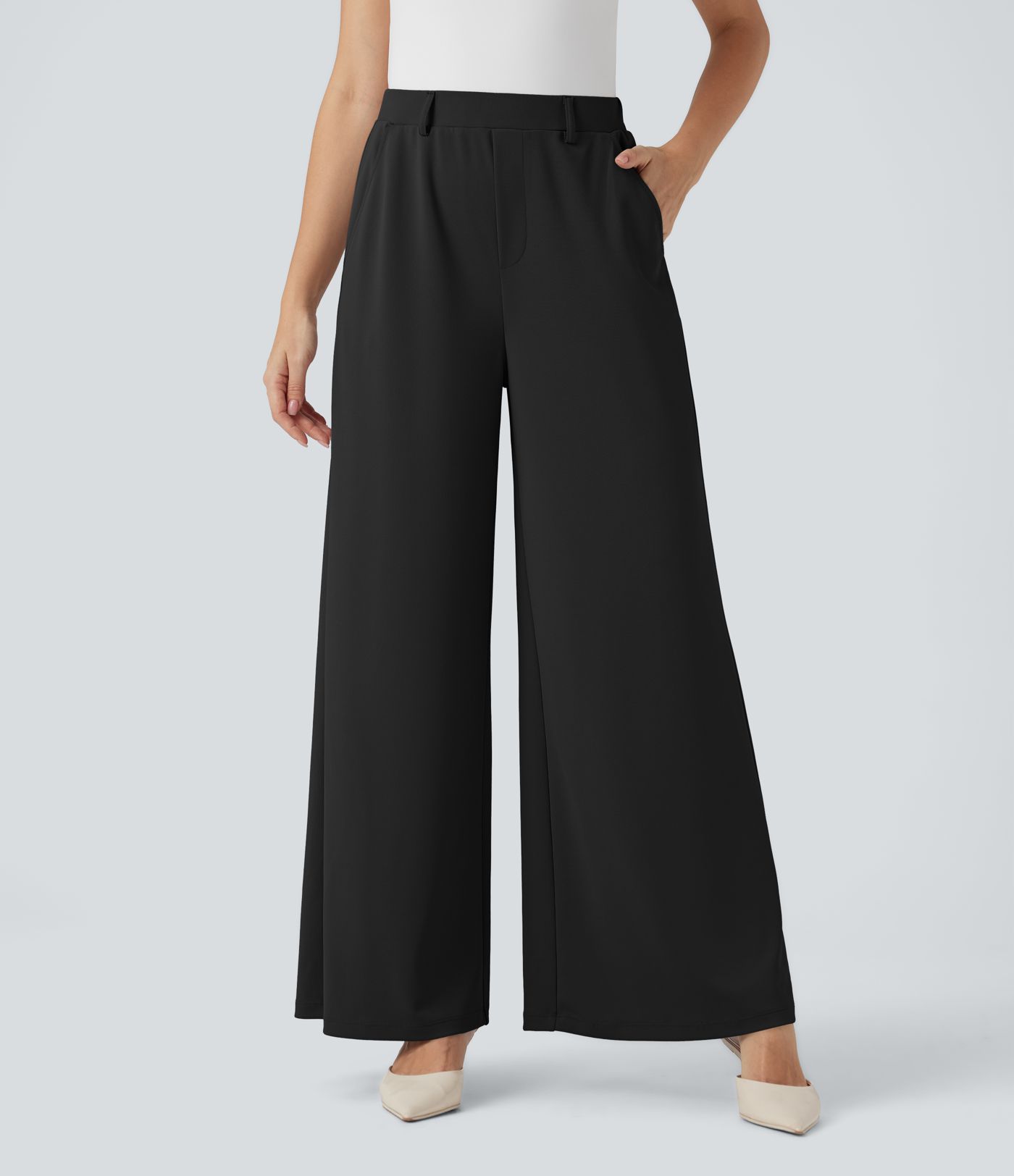 Halara Flex™ High Waisted Palazzo Wide Leg Crepe Work Trousers with Pockets Halara Flex™ High Waisted Palazzo Wide Leg Crepe Work Trousers with Pockets