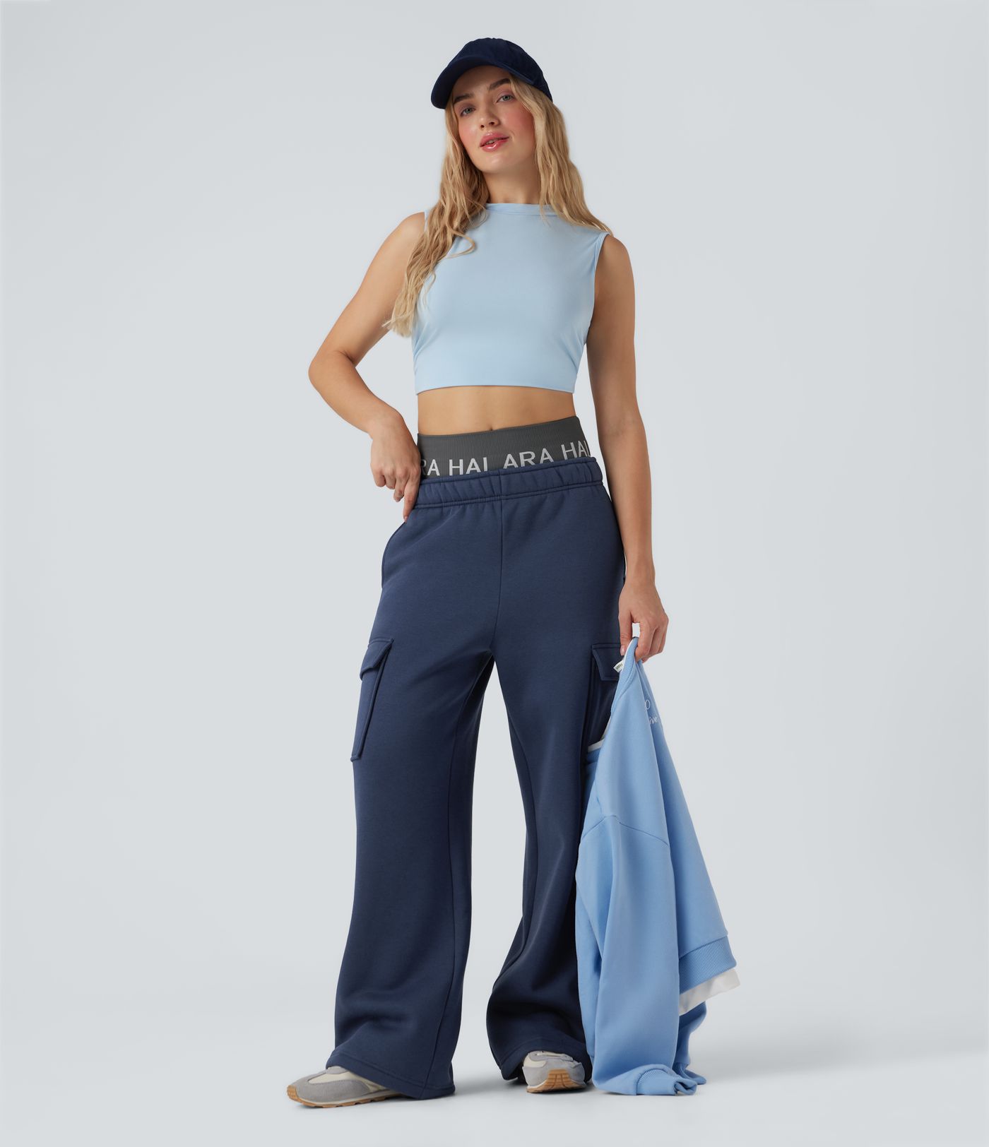 Mid Rise Fleece Cargo Wide Leg Casual Pants with Pockets