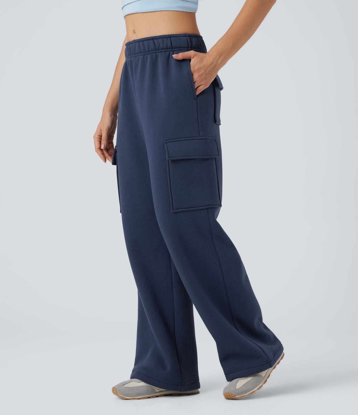 Mid Rise Fleece Cargo Wide Leg Casual Pants with Pockets
