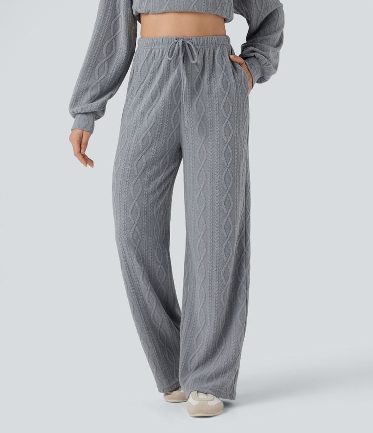 High Waisted Drawstring Cable Knit Casual Pants with Pockets