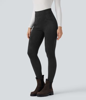 High Waisted Tummy Control Suede 7/8 Casual Leggings with Pockets