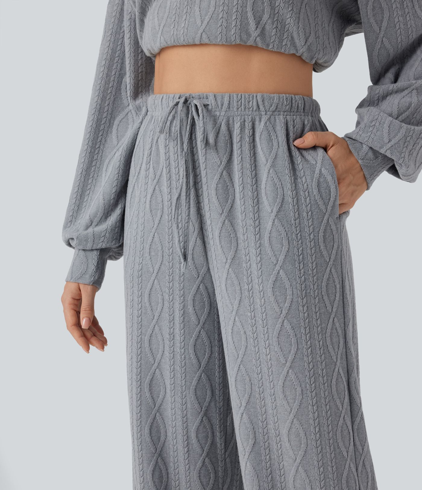 Magas derekú, zsiñoros kötött casual nadrág zsebekkel