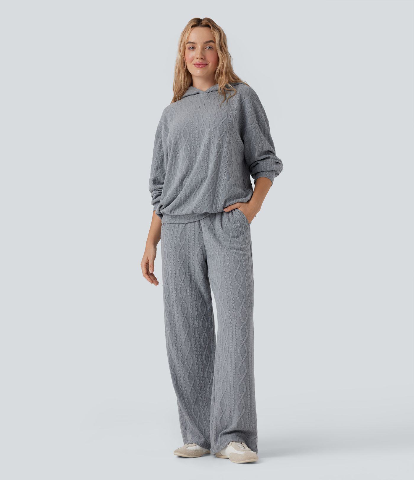 Magas derekú, zsiñoros kötött casual nadrág zsebekkel