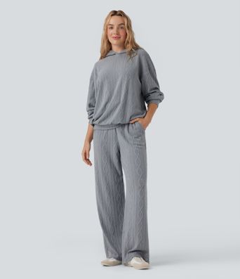 Magas derekú, zsiñoros kötött casual nadrág zsebekkel