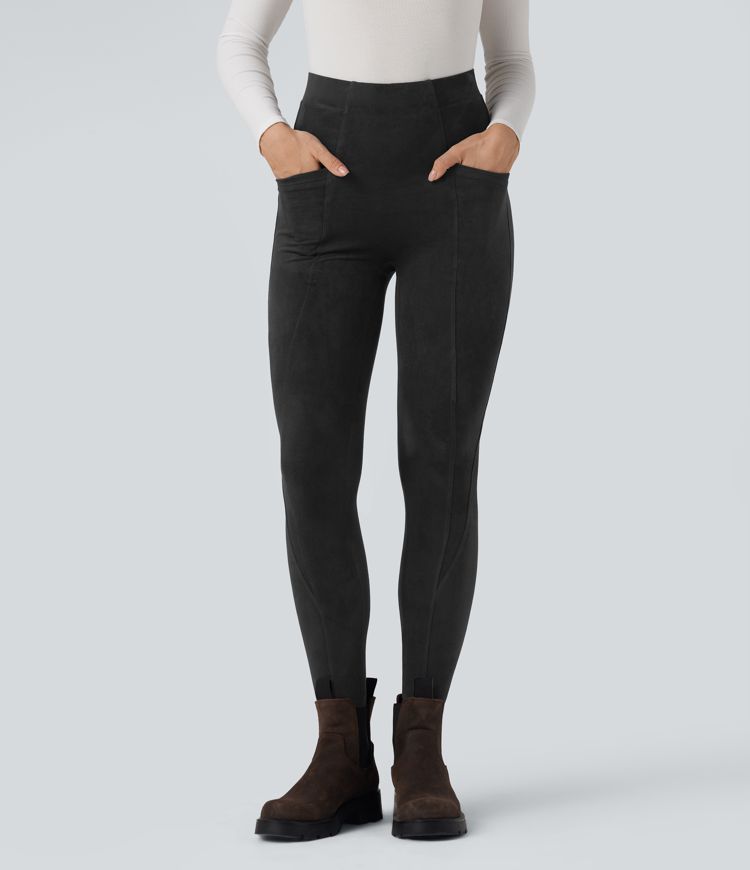 High Waisted Tummy Control Suede 7/8 Casual Leggings with Pockets