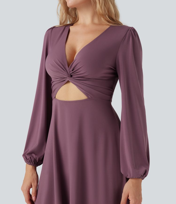 V-neck Cut-out Long Sleeve Zipper Mini Dress