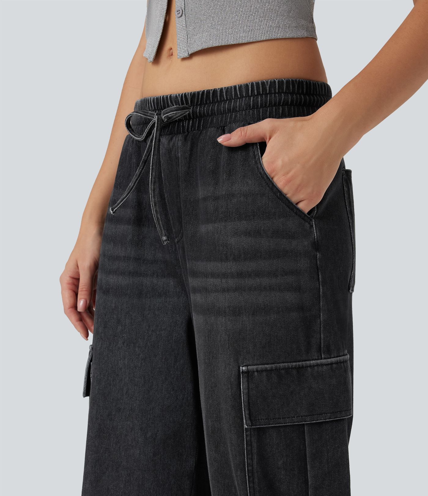 Calça Jeans Casuais Cargo Halara Flex™ de Cintura Média com Cordão e Bolsos