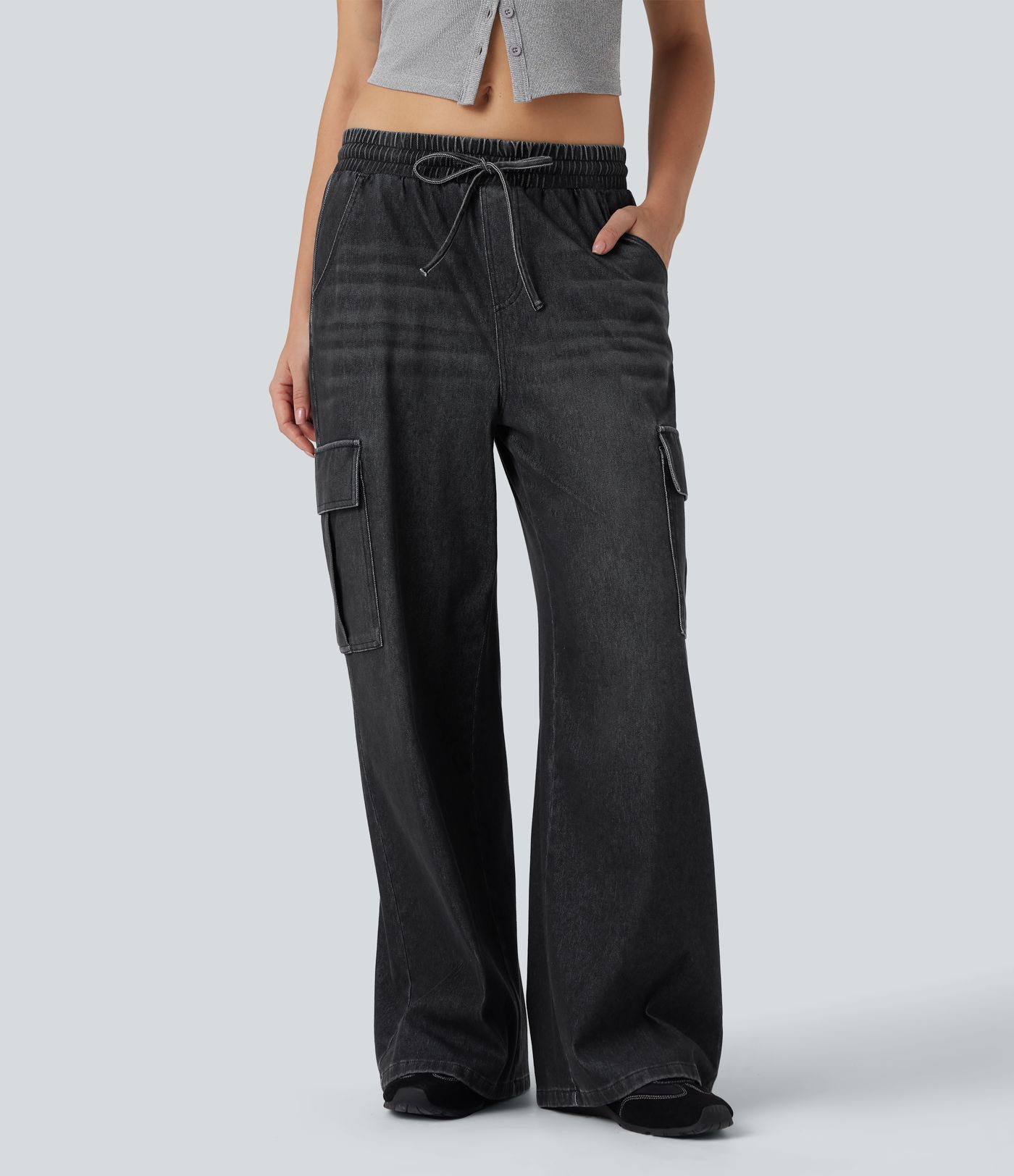 Calça Jeans Casuais Cargo Halara Flex™ de Cintura Média com Cordão e Bolsos