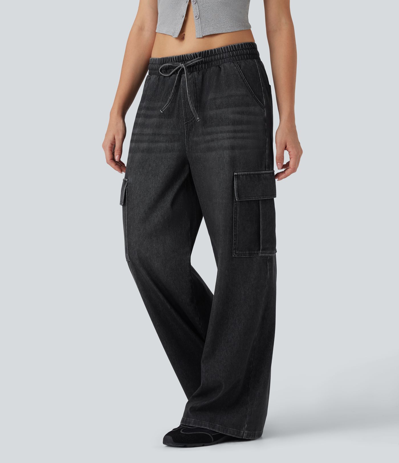 Calça Jeans Casuais Cargo Halara Flex™ de Cintura Média com Cordão e Bolsos