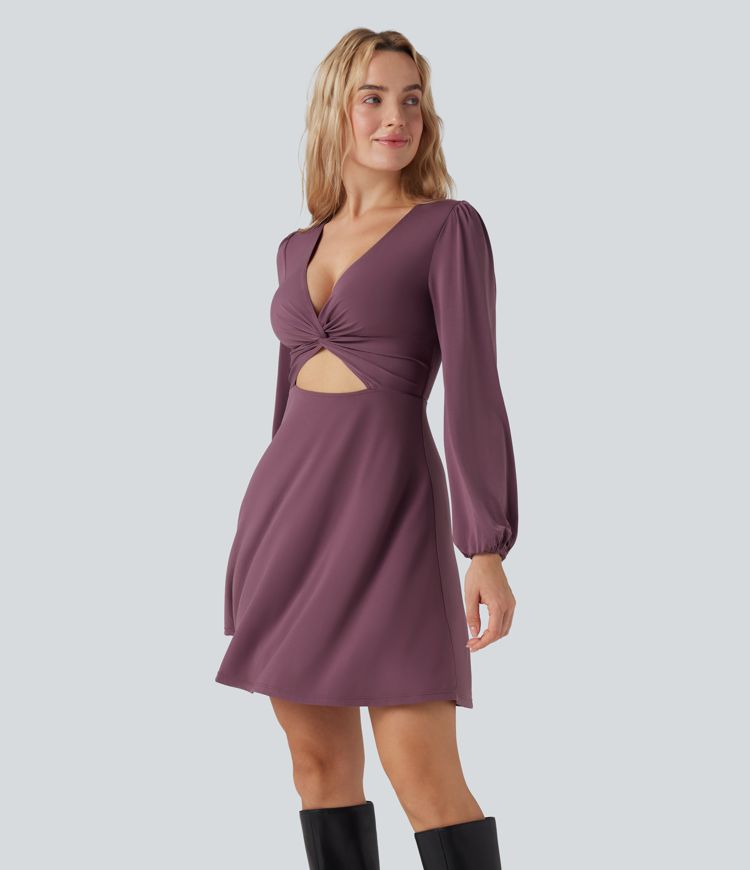 V-neck Cut-out Long Sleeve Zipper Mini Dress