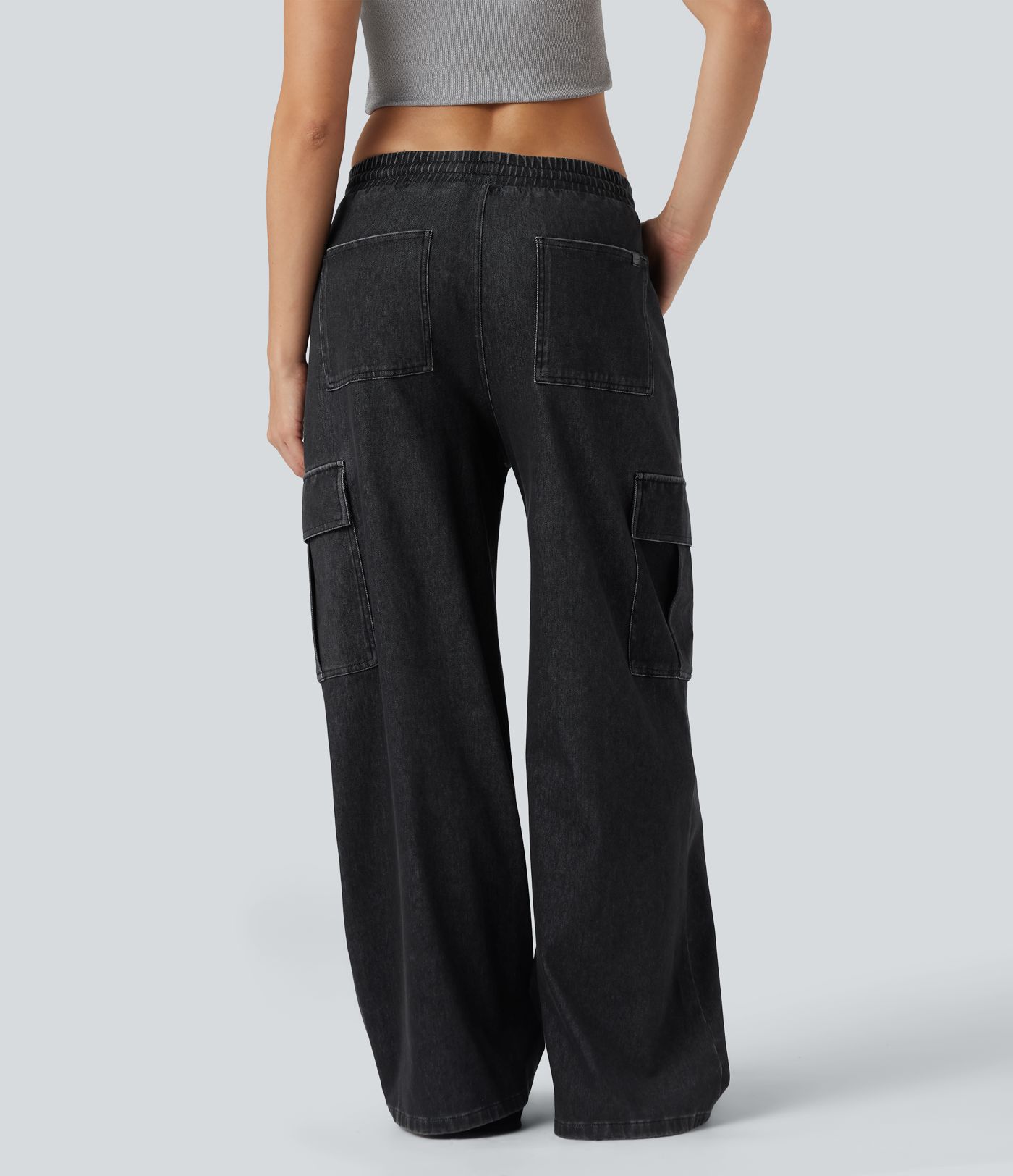 Calça Jeans Casuais Cargo Halara Flex™ de Cintura Média com Cordão e Bolsos
