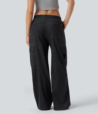 Calça Jeans Casuais Cargo Halara Flex™ de Cintura Média com Cordão e Bolsos