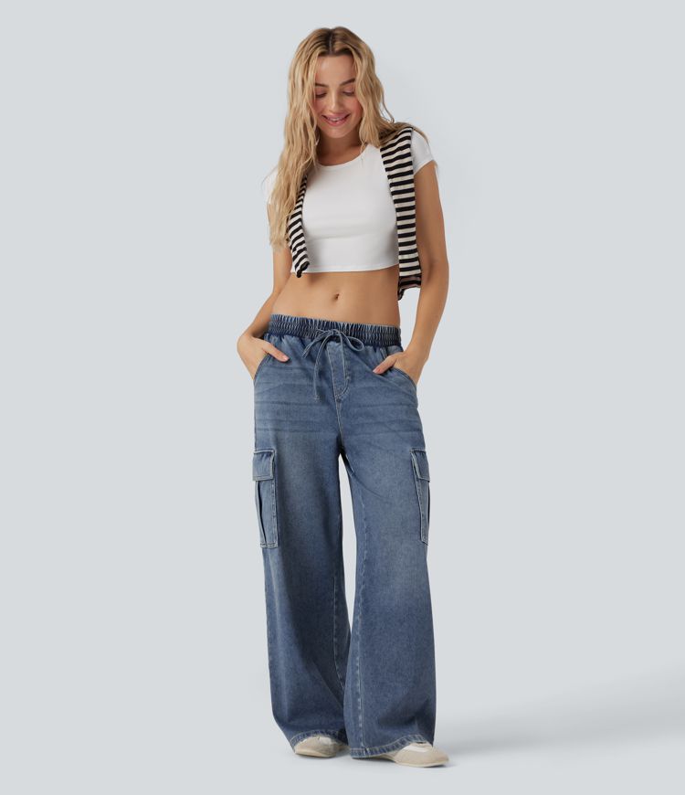Halara Flex™ Mid Rise Drawstring Cargo Casual Baggy Jeans with Pockets