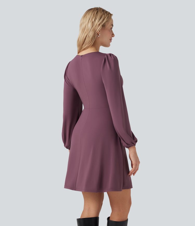 V-neck Cut-out Long Sleeve Zipper Mini Dress