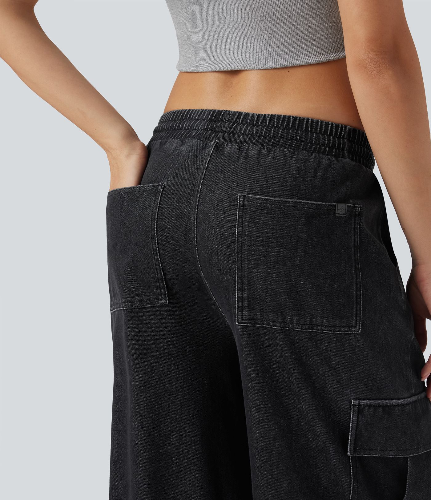 Calça Jeans Casuais Cargo Halara Flex™ de Cintura Média com Cordão e Bolsos