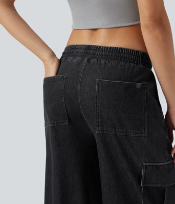 Calça Jeans Casuais Cargo Halara Flex™ de Cintura Média com Cordão e Bolsos