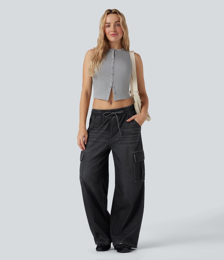 Calça Jeans Casuais Cargo Halara Flex™ de Cintura Média com Cordão e Bolsos