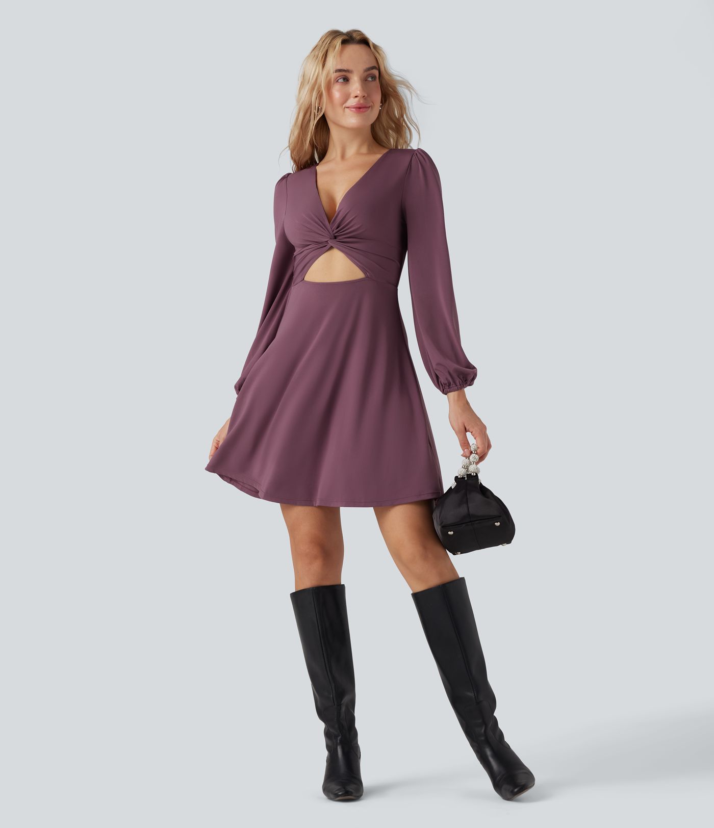 V-neck Cut-out Long Sleeve Zipper Mini Dress