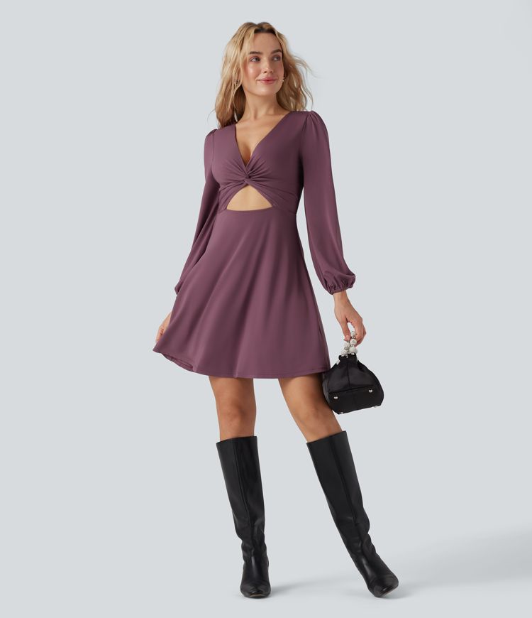 V-neck Cut-out Long Sleeve Zipper Mini Dress