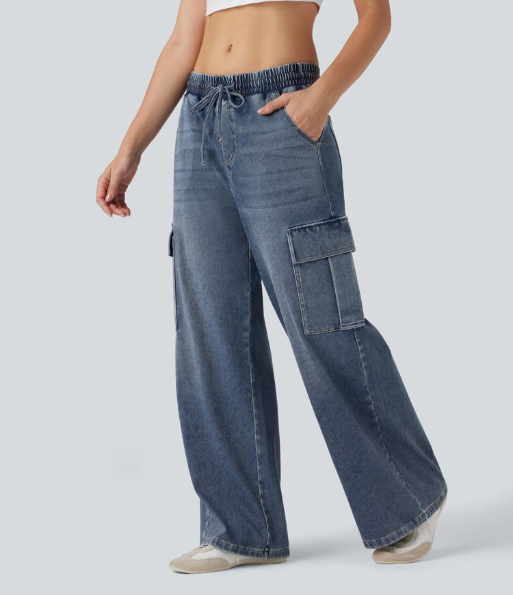 Halara Flex™ Mid Rise Drawstring Cargo Casual Baggy Jeans with Pockets
