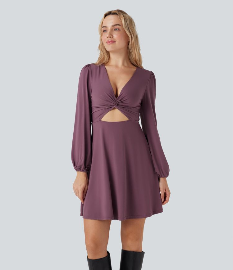 Vestido mini con escote en V, abertura y manga larga con cremallera