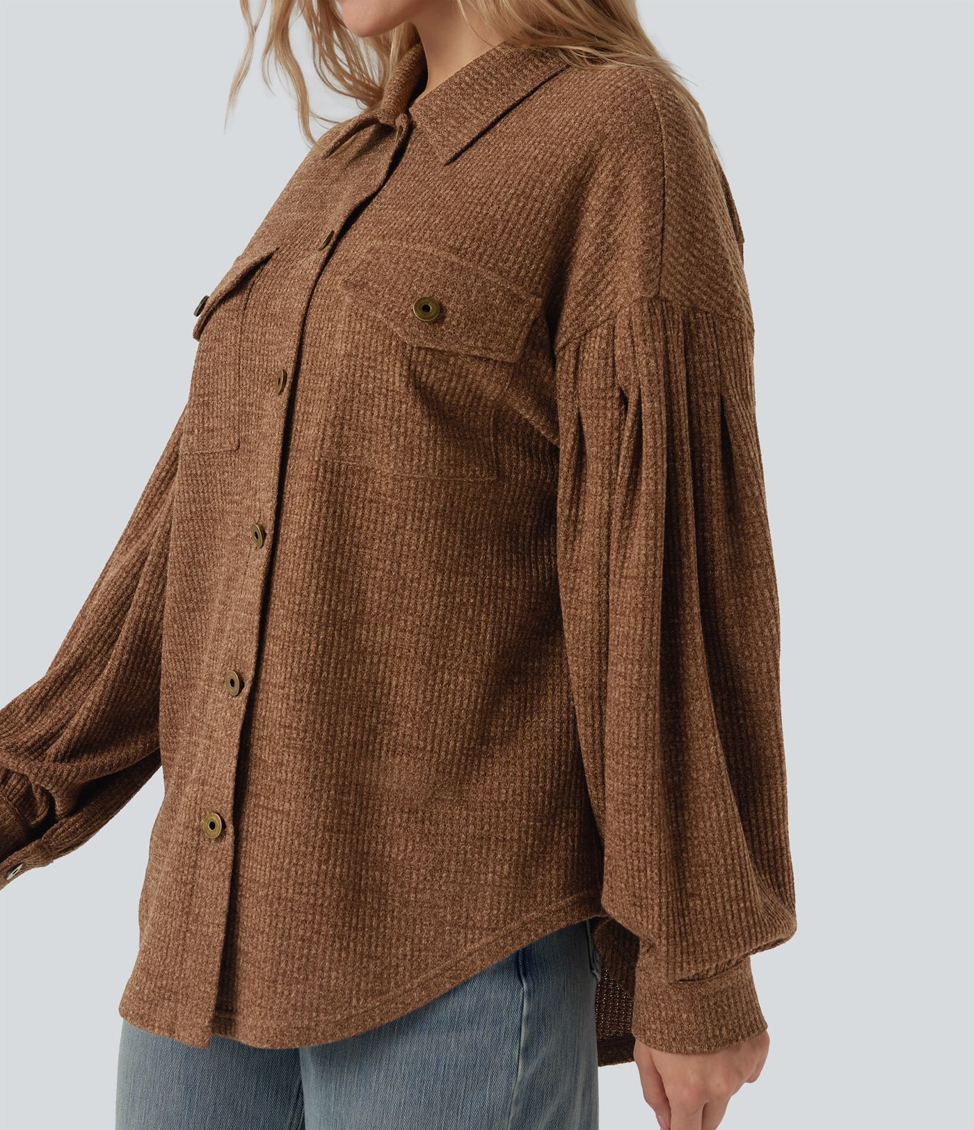 Long Sleeve Curved Hem Knit Waffle Casual Jacket with Pockets