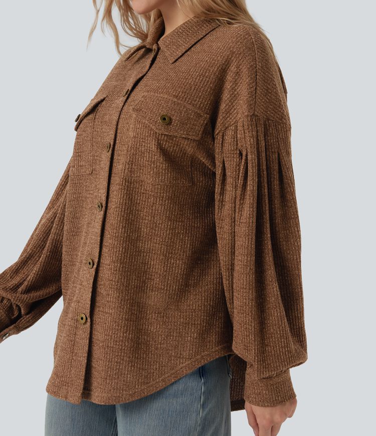 Long Sleeve Curved Hem Knit Waffle Casual Jacket with Pockets