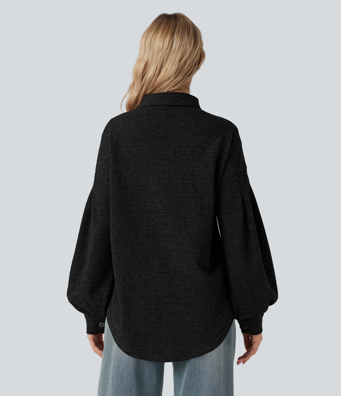 Long Sleeve Curved Hem Knit Waffle Casual Jacket with Pockets