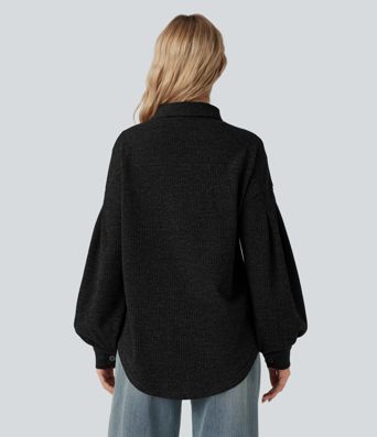 Long Sleeve Curved Hem Knit Waffle Casual Jacket with Pockets