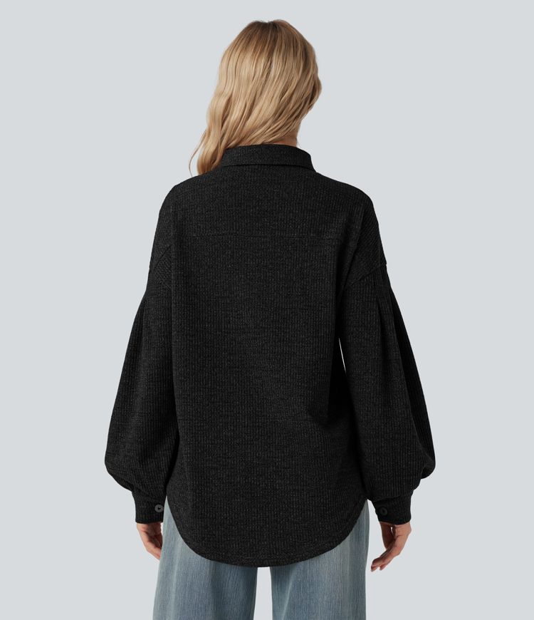 Long Sleeve Curved Hem Knit Waffle Casual Jacket with Pockets