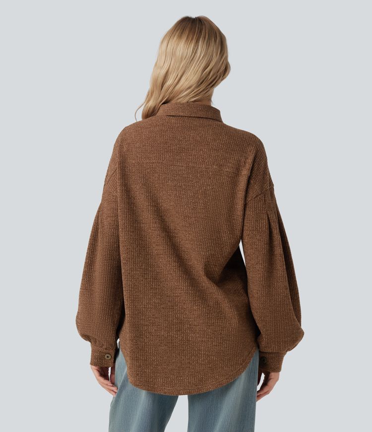 Long Sleeve Curved Hem Knit Waffle Casual Jacket with Pockets