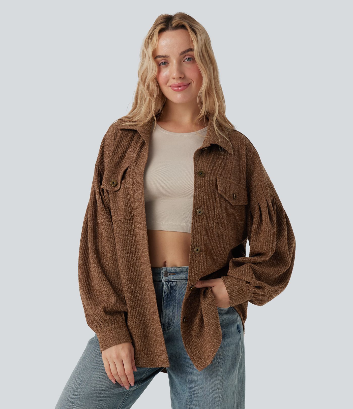 Long Sleeve Curved Hem Knit Waffle Casual Jacket with Pockets