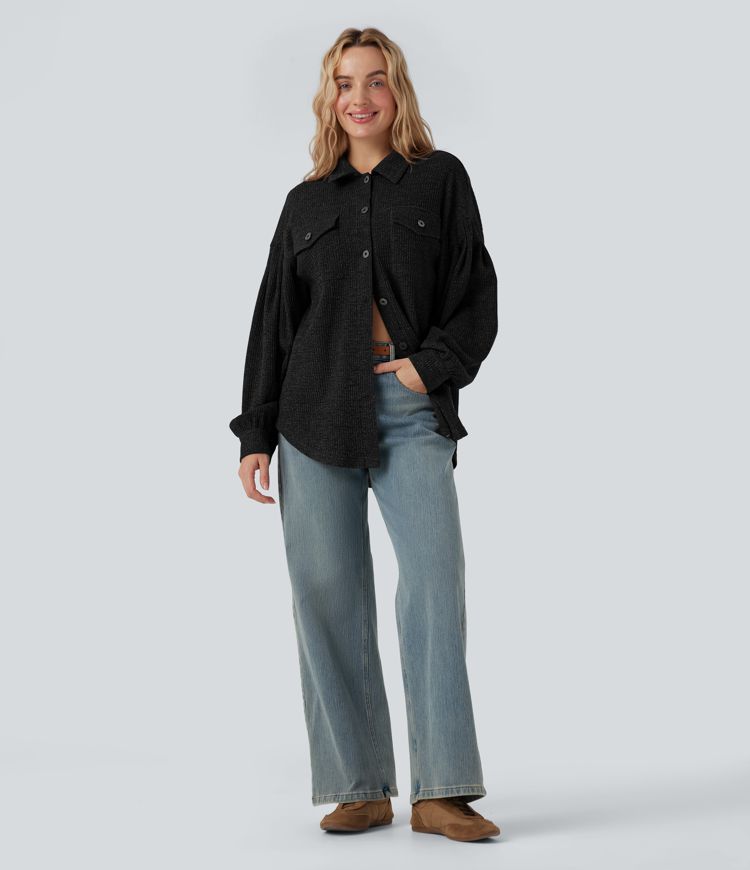 Long Sleeve Curved Hem Knit Waffle Casual Jacket with Pockets